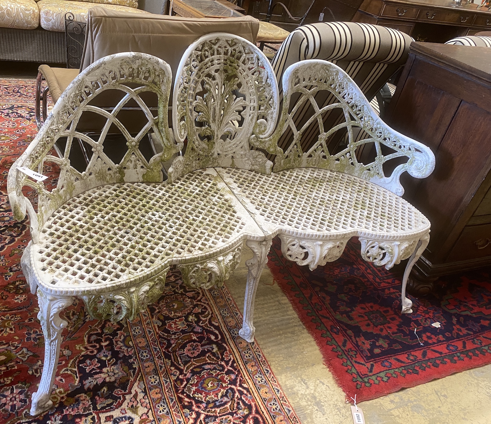 A Victorian style painted aluminium garden bench, length 138cm, depth 46cm, height 86cm